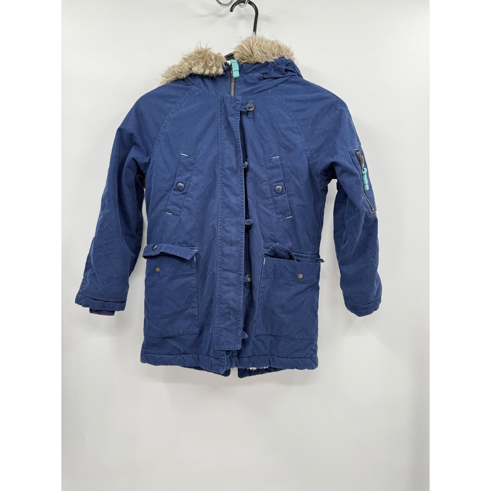 Boden 7-8Y Parka Jacket Kids Navy Blue Sherpa Lined Faux Fur Hood Utility Coat